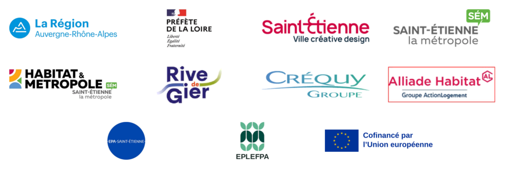 Logos de nos partenaires : Région Auvergne-Rhône-Alpes, Préfète de la Loire, Ville de Saint-Étienne, Saint-Étienne Métropole, Habitat & Métropole, Ville de Rive-de-Gier, Créquy Groupe, Alliade Habitat, EPA Saint-Étienne, Montravel (EPLEFPA) et Union européenne