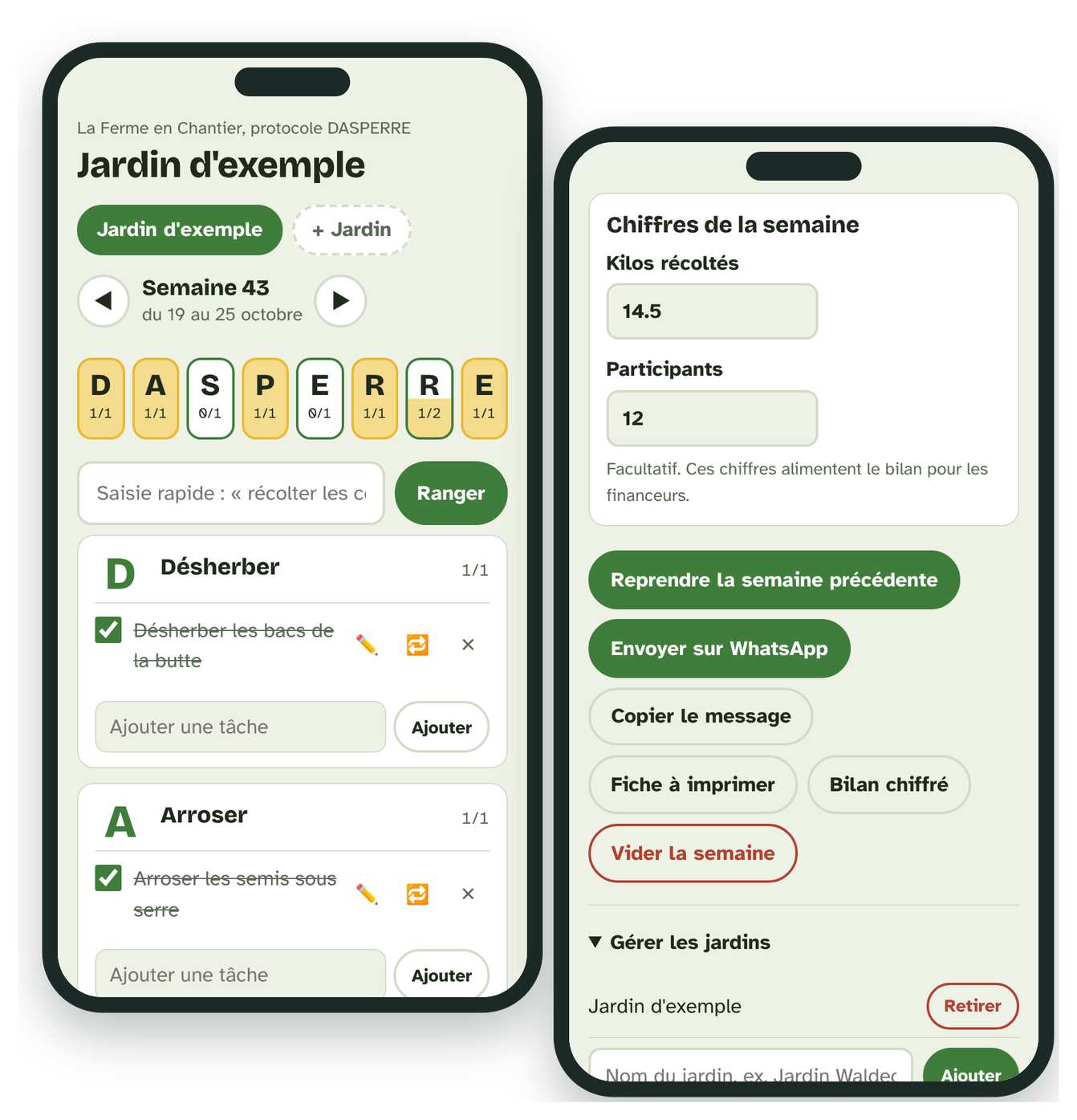 L'application DASPERRE affichée sur deux téléphones : le programme de la semaine d'un jardin, avec les huit étapes du protocole, puis la saisie des kilos récoltés et des participants